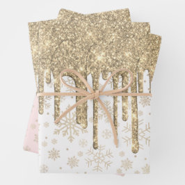 Elegantes Gold Weihnachts-Schneeflockenmuster Driv Geschenkpapier Set
