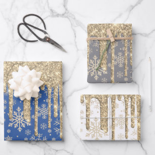 Elegantes Gold Weihnachts-Schneeflockenmuster Driv Geschenkpapier Set