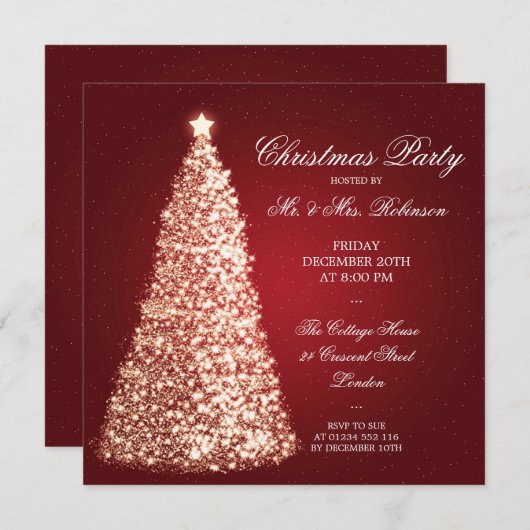 Elegantes Gold Weihnachtsfest Party Rot Einladung (Vorne/Hinten)