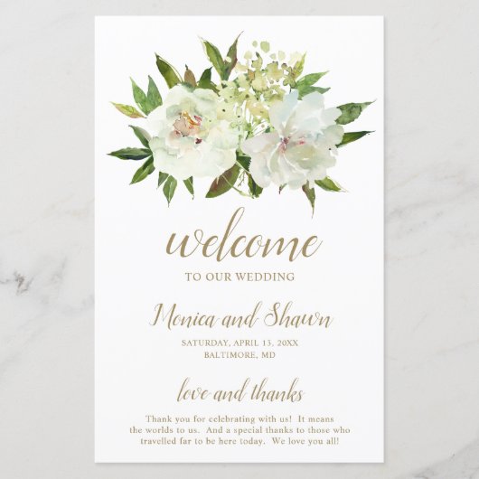 Elegantes Gold-Weiß-Blumen-Hochzeitsprogramm moder (Vorderseite)