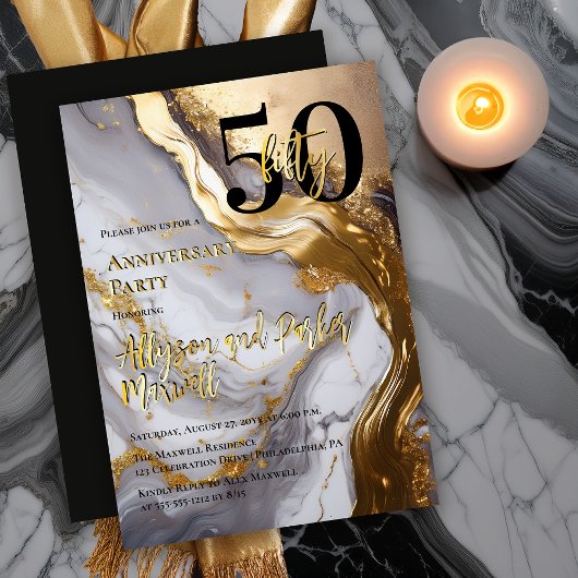 Elegantes Gold | Weißer Marmor 50. Jubiläumsfeier Folieneinladung