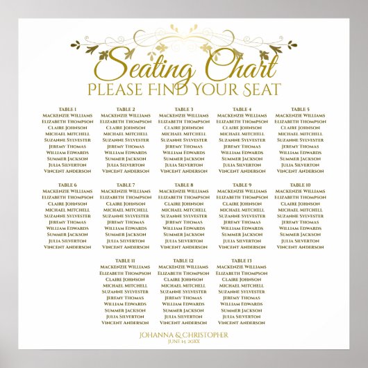 Elegantes Gold White 13 Table Wedding Seating Char Poster (Vorne)