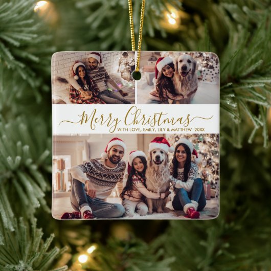Elegantes Gold White 3 Foto Collage Weihnachten Keramikornament (Baum)