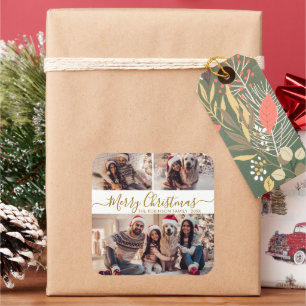 Elegantes Gold White 3 Foto Collage Weihnachten Quadratischer Aufkleber