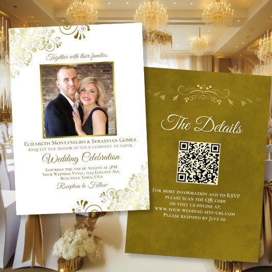 Elegantes Gold & White Foto & QR Code Hochzeit Einladung