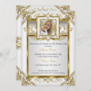 Elegantes Gold White Pearl Damask Foto Geburtstag Einladung