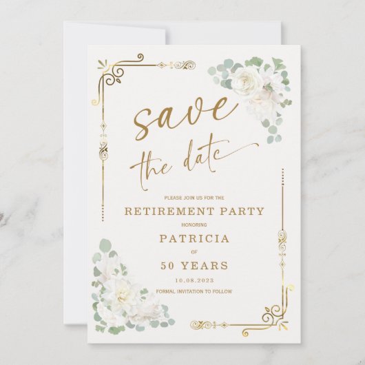 Elegantes Gold White Retirement Party Save the Dat Einladung (Vorderseite)