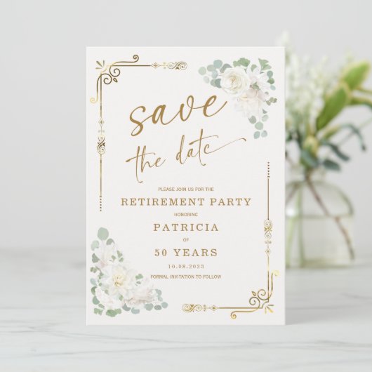 Elegantes Gold White Retirement Party Save the Dat Einladung (Stehend Vorderseite)