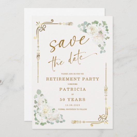 Elegantes Gold White Retirement Party Save the Dat Einladung (Vorne/Hinten)