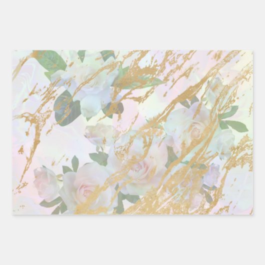 Elegantes Gold White Rose Silk Decoupage Design Geschenkpapier Set (Vorderseite 3)