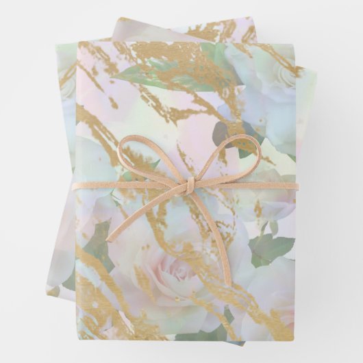 Elegantes Gold White Rose Silk Decoupage Design Geschenkpapier Set (Beispiel)