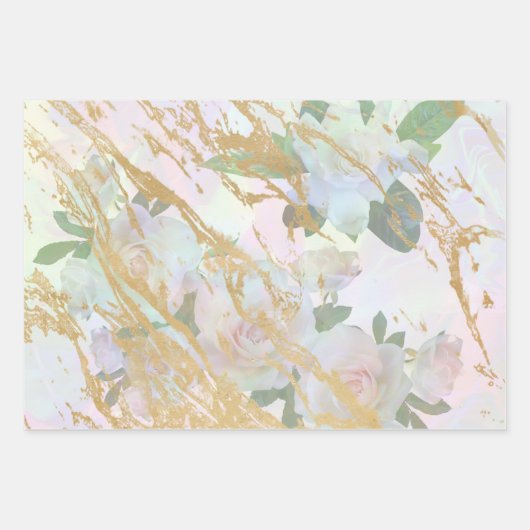 Elegantes Gold White Rose Silk Decoupage Design Geschenkpapier Set (Vorderseite)