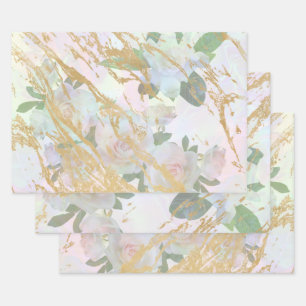 Elegantes Gold White Rose Silk Decoupage Design Geschenkpapier Set