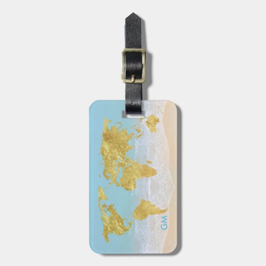 Elegantes Gold World Map Beach Custom Monogram Gepäckanhänger (Vorderseite vertikal)