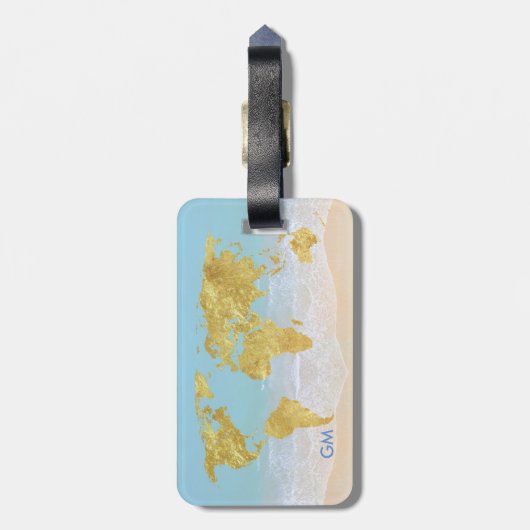Elegantes Gold World Map Beach Custom Monogram Gepäckanhänger (Rückseite vertikal)