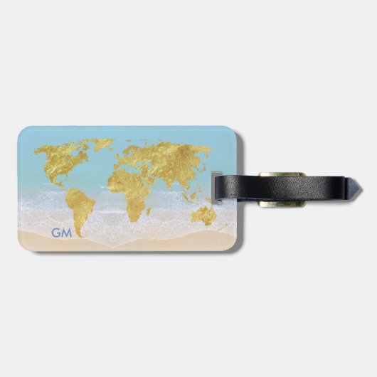 Elegantes Gold World Map Beach Custom Monogram Gepäckanhänger (Rückseite horizontal)