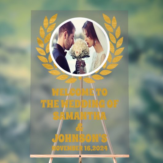 Elegantes Gold Wreath Foto Hochzeit Willkommen Mat Acrylschild (Neutral)