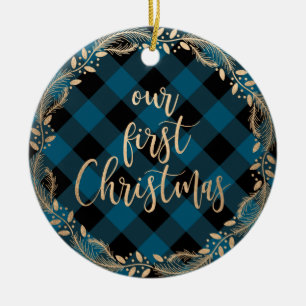 Elegantes Gold zu Weihnachten als Mr. & Mrs. Foto Keramik Ornament