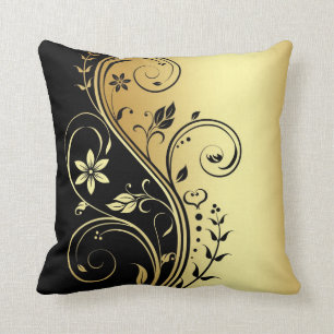 Elegantes Goldblumenrolle-Schwarz-Kissen Kissen