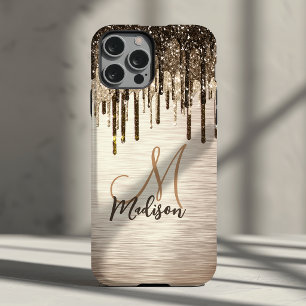 Elegantes goldbraunes Tropfenglitzer Monogramm Case-Mate iPhone Hülle