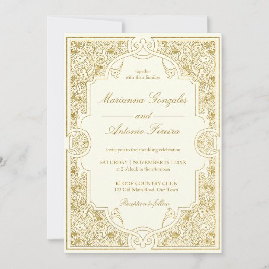 Elegantes Goldelfenbein Vintage verzierte Rahmenho Einladung (Vorderseite)