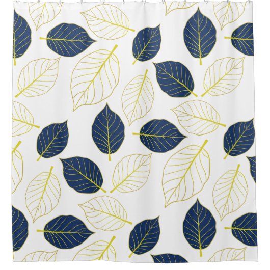 Elegantes Golden & Blue Leaf | Botanisches Muster Duschvorhang (Vorderseite)