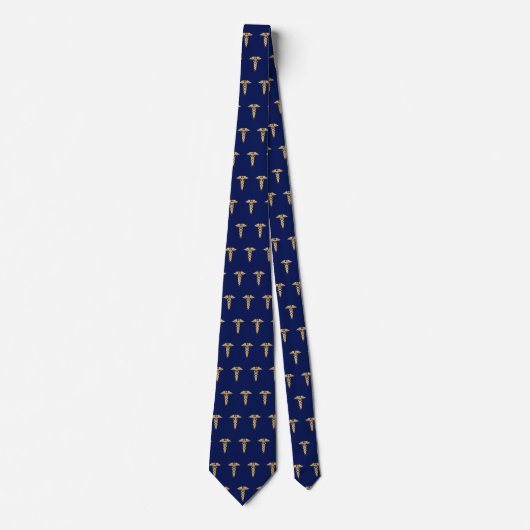 Elegantes Golden Caduceus Muster auf Navy Blue Nec Krawatte (Vorderseite)