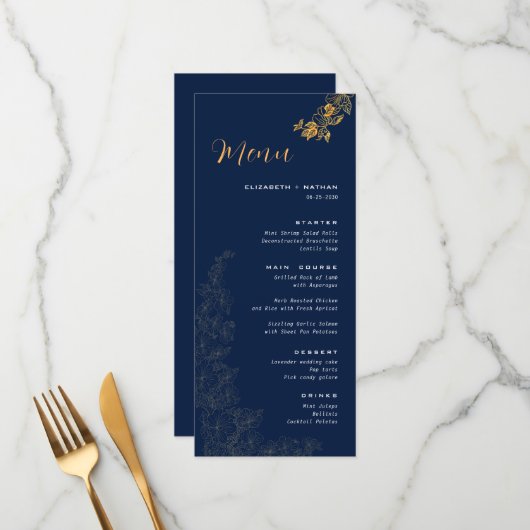 Elegantes "Golden Foliage Navy Blue Wedding Menu" Menükarte (Vorderseite/Rückseite Beispiel)