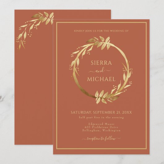 Elegantes Golden Foliage Terracotta Rust Wedding Einladung (Vorne/Hinten)