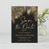 Elegantes Golden Palm Branch Wedding Foto Save The Date (Stehend Vorderseite)
