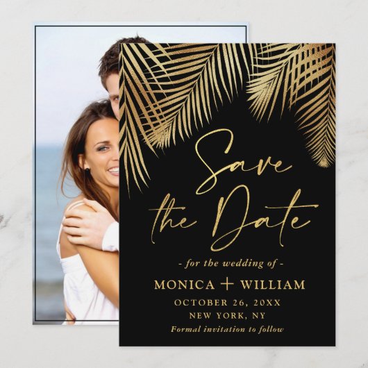 Elegantes Golden Palm Branch Wedding Foto Save The Date (Vorne/Hinten)