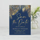 Elegantes Golden Palm Branch Wedding Foto Save The Date (Stehend Vorderseite)