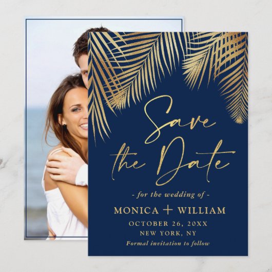 Elegantes Golden Palm Branch Wedding Foto Save The Date (Vorne/Hinten)