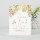 Elegantes Golden Palm Branch Wedding Foto Save The Date (Stehend Vorderseite)