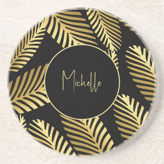 Elegantes Golden Palm Leaf Muster Kissen Kissen Getränkeuntersetzer (Vorne)