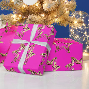 Elegantes Golden Stars Muster Hot Pink Weihnachten Geschenkpapier