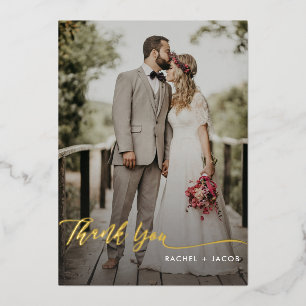 Elegantes Goldenen Foil-Script Einfach 2-Foto Hoch Folieneinladung