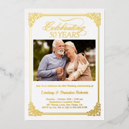 Elegantes Goldenes 50-jähriges Foto zum Hochzeitst Folieneinladung