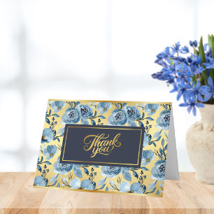 Elegantes goldenes Akzent Blaues Rosenmuster Cotta Dankeskarte