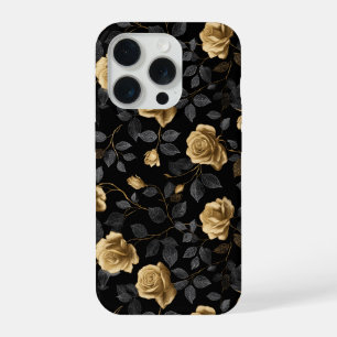 Elegantes goldenes Akzent-Rose schwarzes Blumenmus iPhone 15 Pro Hülle