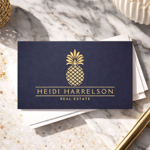 Elegantes goldenes Ananas-Logo auf dunstigem Blau Visitenkarte