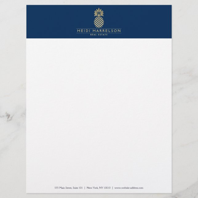 Elegantes goldenes Ananas-Logo auf Navy Blue Briefbogen (Vorderseite)