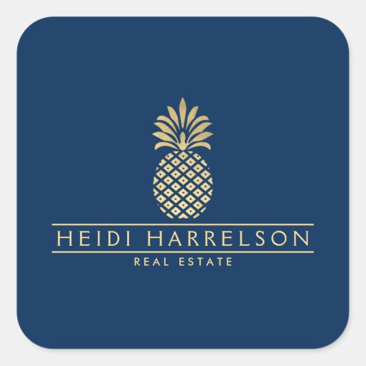Elegantes goldenes Ananas-Logo auf Navy Blue Quadratischer Aufkleber (Vorderseite)