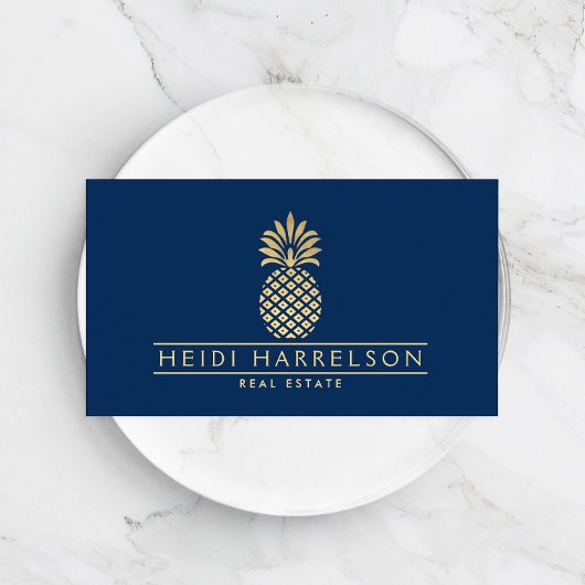 Elegantes goldenes Ananas-Logo auf Navy Blue Visitenkarte