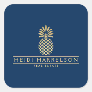 Elegantes goldenes Ananas-Logo auf Navyblau Quadratischer Aufkleber
