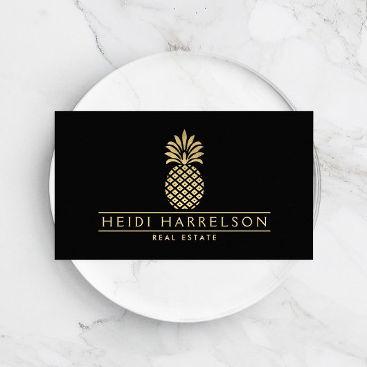 Elegantes Goldenes Ananas-Logo auf Schwarz Visitenkarte