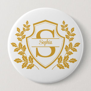 Elegantes goldenes Blätter-Wappen florales Monogra Button
