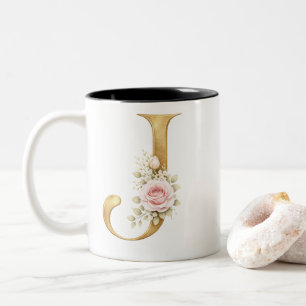 Elegantes goldenes Blumeninitial J Monogramm-Logo Zweifarbige Tasse
