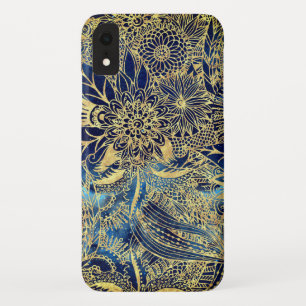 Elegantes goldenes Blumenmandala und blaues Nebel- Case-Mate iPhone Hülle