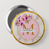 Elegantes goldenes Blumenmonogramm | Name und Init Button (Vorne & Hinten)